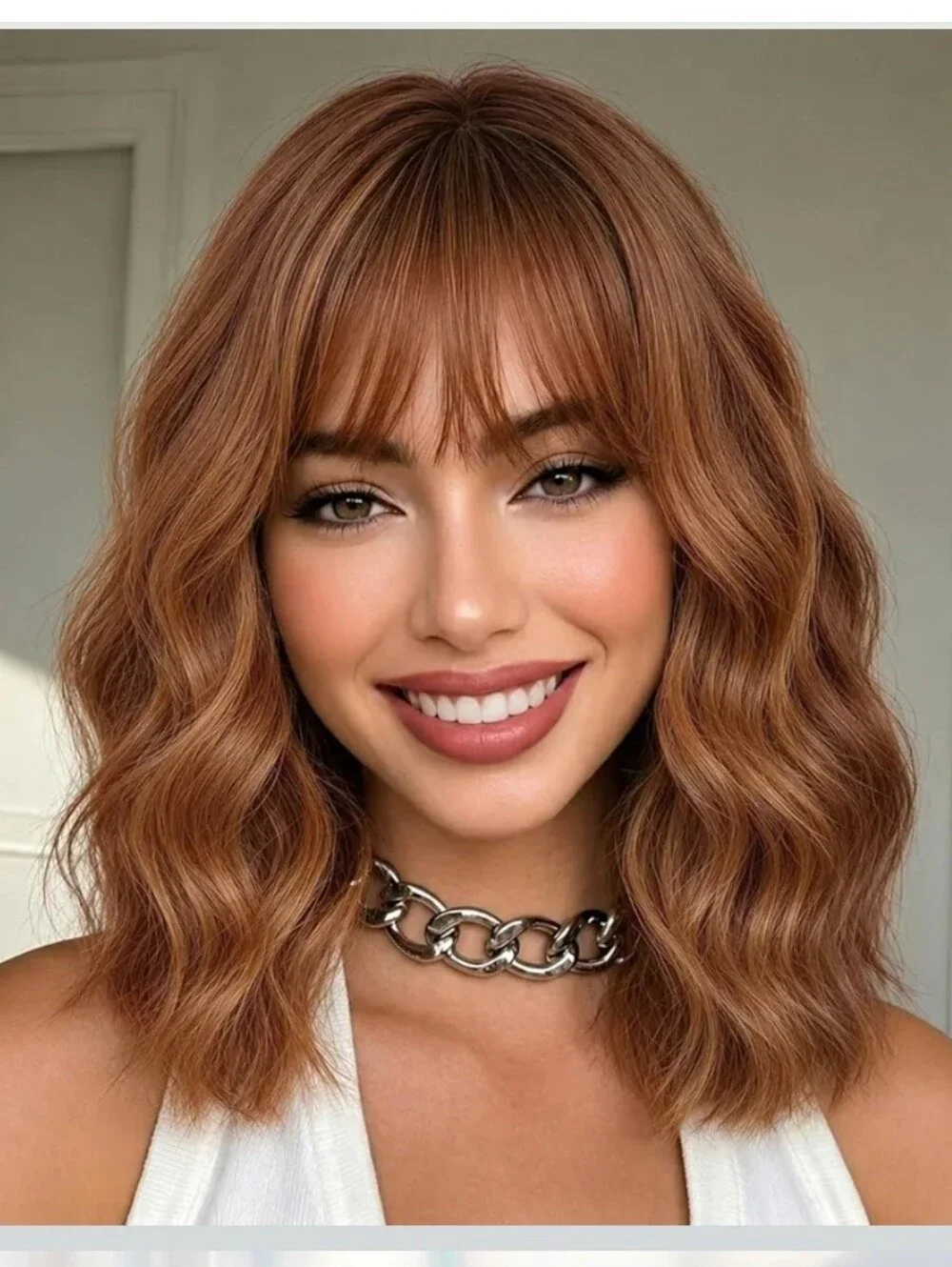 NWT Auburn Wigs for Women Bob Wig with Bangs Short Wavy Curly Hair14Inch Ombre